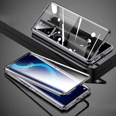 Handyhülle Hülle Luxus Aluminium Metall Rahmen Spiegel 360 Grad Ganzkörper Tasche T02 für Huawei Honor X10 5G Schwarz