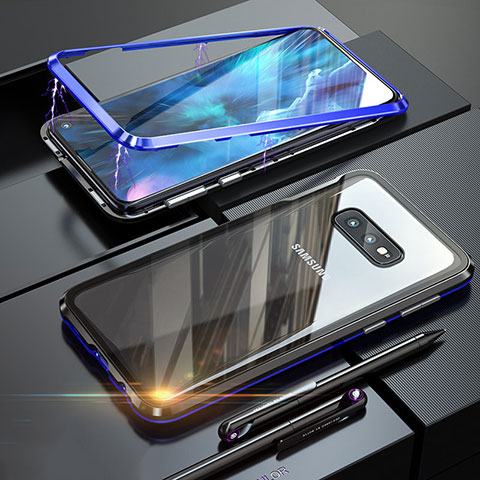 Handyhülle Hülle Luxus Aluminium Metall Rahmen Spiegel 360 Grad Ganzkörper Tasche T02 für Samsung Galaxy S10e Blau