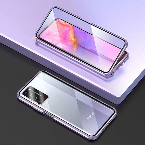 Handyhülle Hülle Luxus Aluminium Metall Rahmen Spiegel 360 Grad Ganzkörper Tasche T03 für Huawei Honor X10 5G Violett