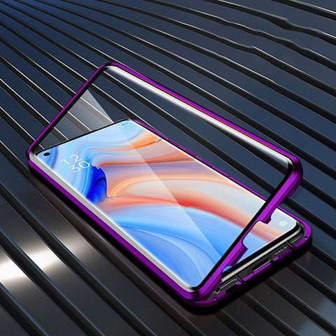 Handyhülle Hülle Luxus Aluminium Metall Rahmen Spiegel 360 Grad Ganzkörper Tasche T05 für Oppo Reno4 Pro 5G Violett