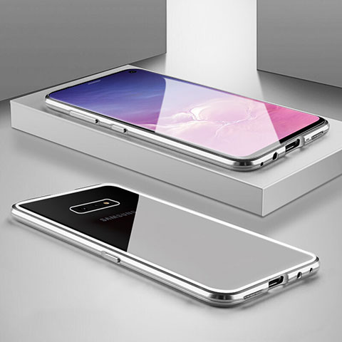 Handyhülle Hülle Luxus Aluminium Metall Rahmen Spiegel 360 Grad Ganzkörper Tasche T05 für Samsung Galaxy S10e Silber