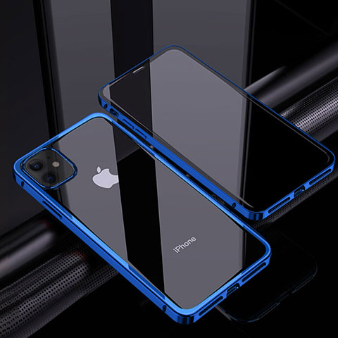 Handyhülle Hülle Luxus Aluminium Metall Rahmen Spiegel 360 Grad Ganzkörper Tasche T06 für Apple iPhone 12 Blau
