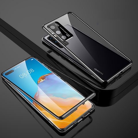 Handyhülle Hülle Luxus Aluminium Metall Rahmen Spiegel 360 Grad Ganzkörper Tasche T07 für Huawei P40 Schwarz