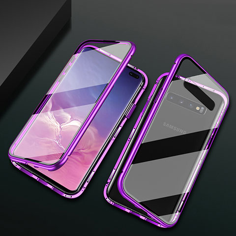 Handyhülle Hülle Luxus Aluminium Metall Rahmen Spiegel 360 Grad Ganzkörper Tasche T08 für Samsung Galaxy S10 Plus Violett