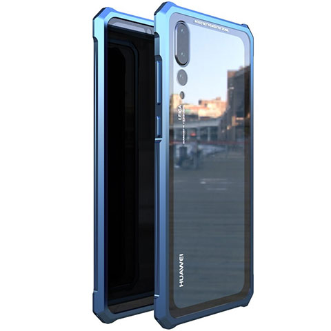 Handyhülle Hülle Luxus Aluminium Metall Rahmen Spiegel 360 Grad Tasche D01 für Huawei P20 Pro Blau
