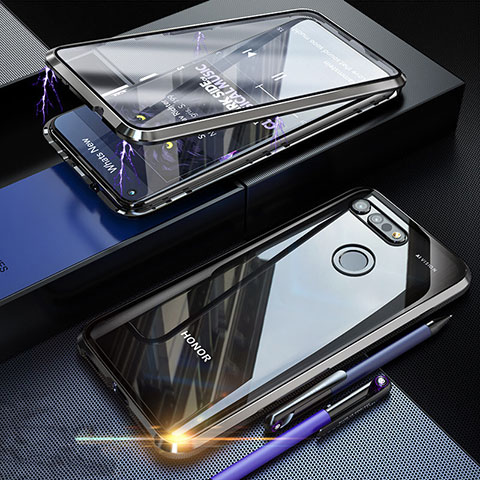 Handyhülle Hülle Luxus Aluminium Metall Rahmen Spiegel 360 Grad Tasche K01 für Huawei Honor V20 Schwarz