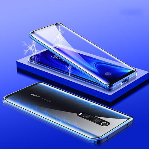 Handyhülle Hülle Luxus Aluminium Metall Rahmen Spiegel 360 Grad Tasche M01 für Xiaomi Mi 9T Blau