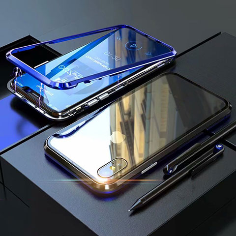 Handyhülle Hülle Luxus Aluminium Metall Rahmen Spiegel 360 Grad Tasche M02 für Apple iPhone X Blau