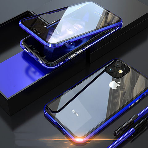 Handyhülle Hülle Luxus Aluminium Metall Rahmen Spiegel 360 Grad Tasche M05 für Apple iPhone 11 Pro Blau