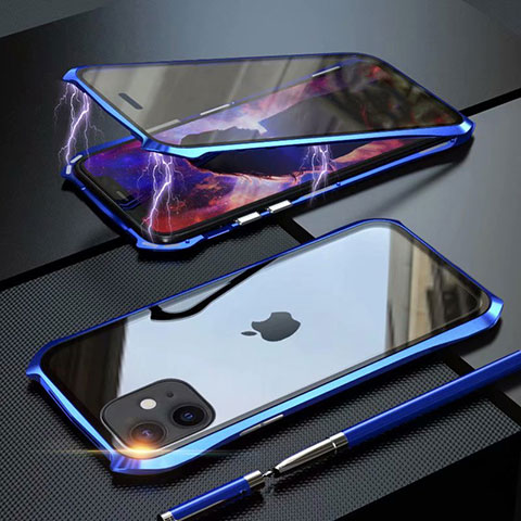 Handyhülle Hülle Luxus Aluminium Metall Rahmen Spiegel 360 Grad Tasche M06 für Apple iPhone 11 Blau
