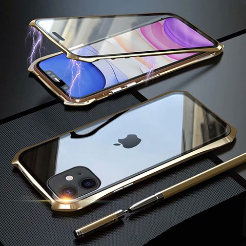 Handyhülle Hülle Luxus Aluminium Metall Rahmen Spiegel 360 Grad Tasche M06 für Apple iPhone 11 Gold