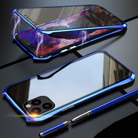 Handyhülle Hülle Luxus Aluminium Metall Rahmen Spiegel 360 Grad Tasche M07 für Apple iPhone 11 Pro Blau
