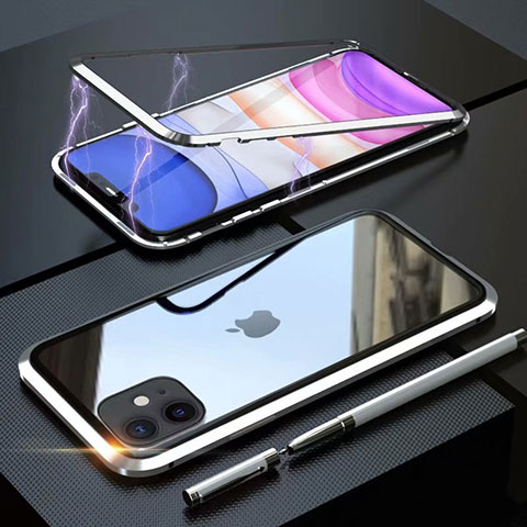 Handyhülle Hülle Luxus Aluminium Metall Rahmen Spiegel 360 Grad Tasche M09 für Apple iPhone 11 Silber