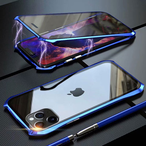 Handyhülle Hülle Luxus Aluminium Metall Rahmen Spiegel 360 Grad Tasche M10 für Apple iPhone 11 Pro Max Blau