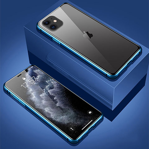 Handyhülle Hülle Luxus Aluminium Metall Rahmen Spiegel 360 Grad Tasche T01 für Apple iPhone 11 Blau