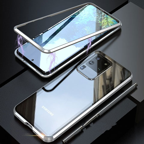Handyhülle Hülle Luxus Aluminium Metall Rahmen Spiegel 360 Grad Tasche T01 für Samsung Galaxy S20 Ultra 5G Silber