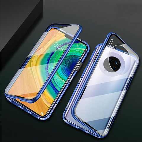 Handyhülle Hülle Luxus Aluminium Metall Rahmen Spiegel 360 Grad Tasche T02 für Huawei Mate 30 Pro Blau