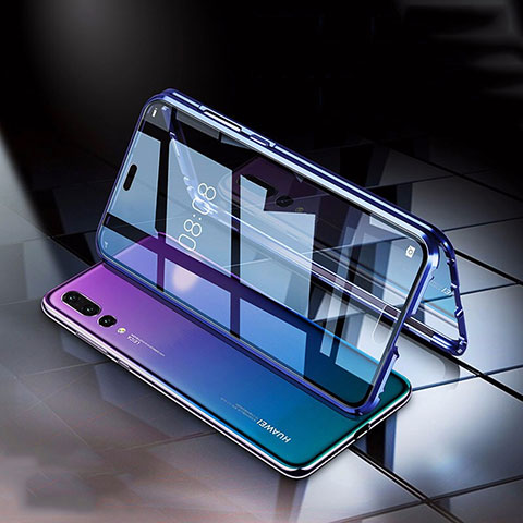 Handyhülle Hülle Luxus Aluminium Metall Rahmen Spiegel 360 Grad Tasche T04 für Huawei P20 Pro Blau