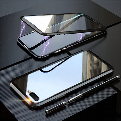 Handyhülle Hülle Luxus Aluminium Metall Rahmen Spiegel 360 Grad Tasche T05 für Oppo R15X Schwarz