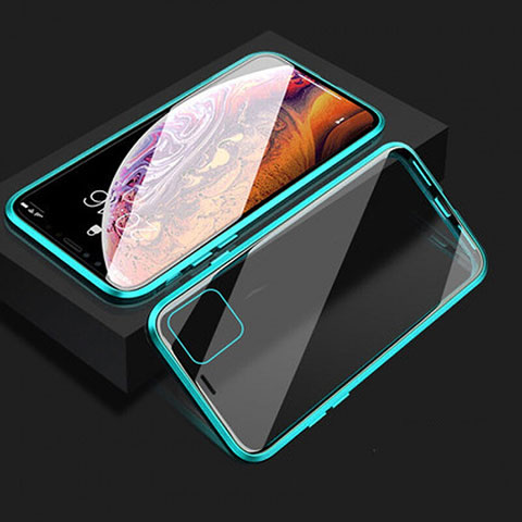 Handyhülle Hülle Luxus Aluminium Metall Rahmen Spiegel 360 Grad Tasche T08 für Apple iPhone 11 Cyan