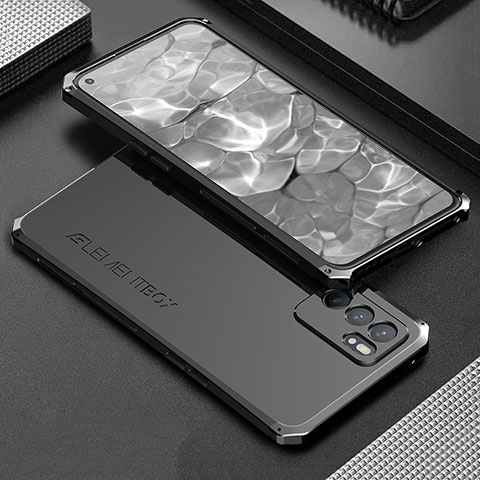 Handyhülle Hülle Luxus Aluminium Metall Tasche 360 Grad Ganzkörper für Oppo Reno6 5G Schwarz