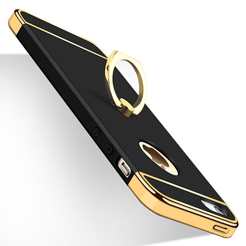 Handyhülle Hülle Luxus Metall Rahmen und Kunststoff mit Fingerring Ständer für Apple iPhone 5S Schwarz