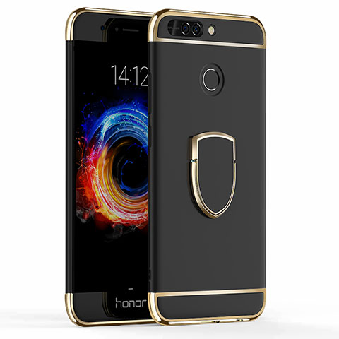 Handyhülle Hülle Luxus Metall Rahmen und Kunststoff mit Fingerring Ständer für Huawei Honor 8 Pro Schwarz