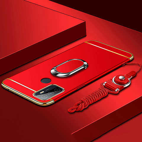 Handyhülle Hülle Luxus Metall Rahmen und Kunststoff Schutzhülle Hartschalen Tasche mit Fingerring Ständer A01 für Oppo A53s Rot