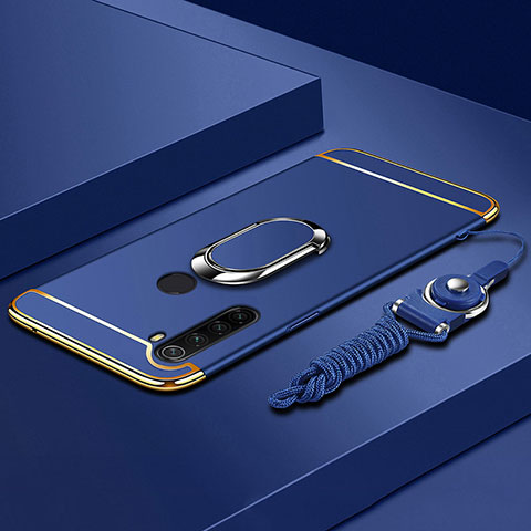 Handyhülle Hülle Luxus Metall Rahmen und Kunststoff Schutzhülle Hartschalen Tasche mit Fingerring Ständer K01 für Xiaomi Redmi Note 8 (2021) Blau