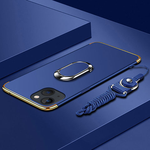 Handyhülle Hülle Luxus Metall Rahmen und Kunststoff Schutzhülle Hartschalen Tasche mit Fingerring Ständer und Lanyard für Apple iPhone 14 Blau