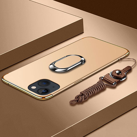 Handyhülle Hülle Luxus Metall Rahmen und Kunststoff Schutzhülle Hartschalen Tasche mit Fingerring Ständer und Lanyard für Apple iPhone 14 Gold