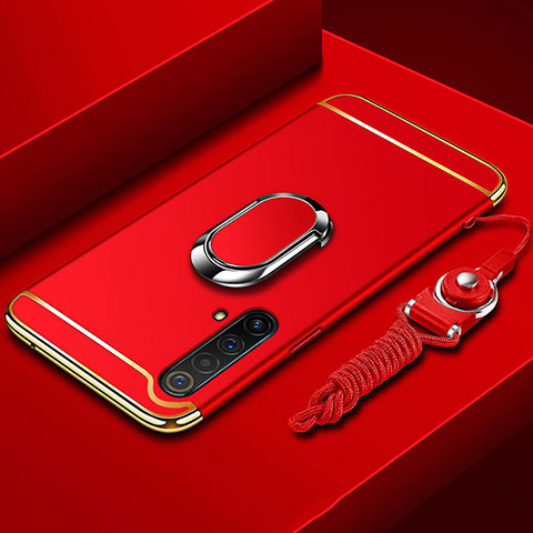 Handyhülle Hülle Luxus Metall Rahmen und Kunststoff Schutzhülle Hartschalen Tasche mit Fingerring Ständer und Lanyard für Realme X3 SuperZoom Rot