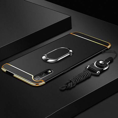 Handyhülle Hülle Luxus Metall Rahmen und Kunststoff Schutzhülle Tasche mit Fingerring Ständer A01 für Huawei Honor 9X Schwarz