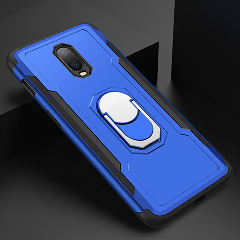 Handyhülle Hülle Luxus Metall Rahmen und Kunststoff Schutzhülle Tasche mit Fingerring Ständer A01 für OnePlus 6T Blau