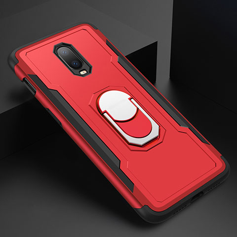Handyhülle Hülle Luxus Metall Rahmen und Kunststoff Schutzhülle Tasche mit Fingerring Ständer A01 für OnePlus 6T Rot