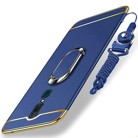 Handyhülle Hülle Luxus Metall Rahmen und Kunststoff Schutzhülle Tasche mit Fingerring Ständer A01 für Oppo A9 Blau