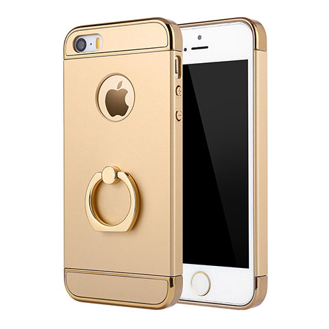 Handyhülle Hülle Luxus Metall Rahmen und Kunststoff Schutzhülle Tasche mit Fingerring Ständer A02 für Apple iPhone 5S Gold