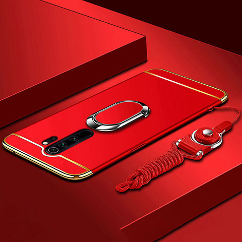 Handyhülle Hülle Luxus Metall Rahmen und Kunststoff Schutzhülle Tasche mit Fingerring Ständer T01 für Xiaomi Redmi Note 8 Pro Rot