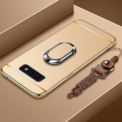 Handyhülle Hülle Luxus Metall Rahmen und Kunststoff Schutzhülle Tasche mit Fingerring Ständer T02 für Samsung Galaxy S10e Gold
