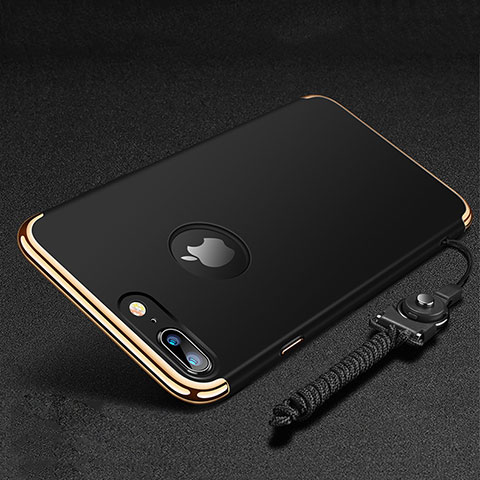 Handyhülle Hülle Luxus Metall Rahmen und Kunststoff Schutzhülle Tasche mit Fingerring Ständer und Lanyard für Apple iPhone 7 Plus Schwarz