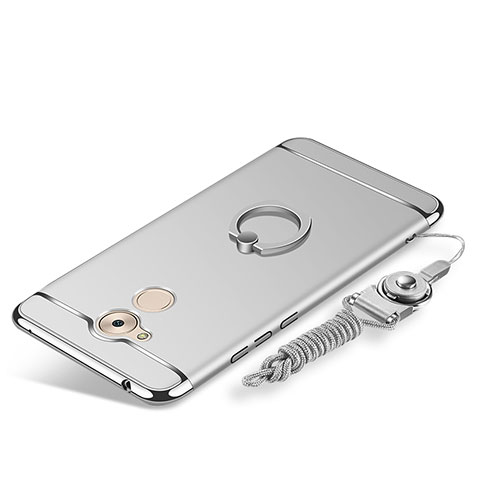 Handyhülle Hülle Luxus Metall Rahmen und Kunststoff Schutzhülle Tasche mit Fingerring Ständer und Lanyard für Huawei Enjoy 6S Silber