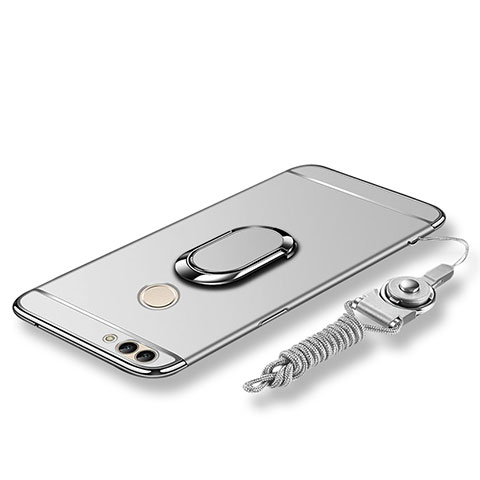Handyhülle Hülle Luxus Metall Rahmen und Kunststoff Schutzhülle Tasche mit Fingerring Ständer und Lanyard für Huawei Enjoy 7S Silber