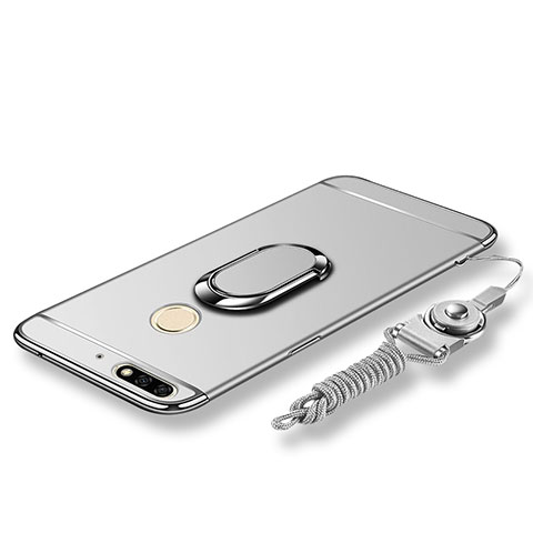 Handyhülle Hülle Luxus Metall Rahmen und Kunststoff Schutzhülle Tasche mit Fingerring Ständer und Lanyard für Huawei Enjoy 8 Silber
