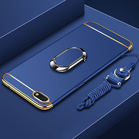 Handyhülle Hülle Luxus Metall Rahmen und Kunststoff Schutzhülle Tasche mit Fingerring Ständer und Lanyard für Huawei Enjoy 8e Lite Blau