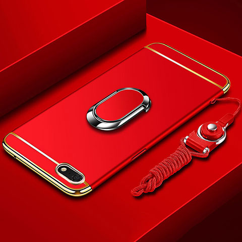 Handyhülle Hülle Luxus Metall Rahmen und Kunststoff Schutzhülle Tasche mit Fingerring Ständer und Lanyard für Huawei Enjoy 8e Lite Rot