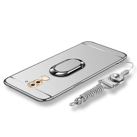 Handyhülle Hülle Luxus Metall Rahmen und Kunststoff Schutzhülle Tasche mit Fingerring Ständer und Lanyard für Huawei Honor 6X Silber