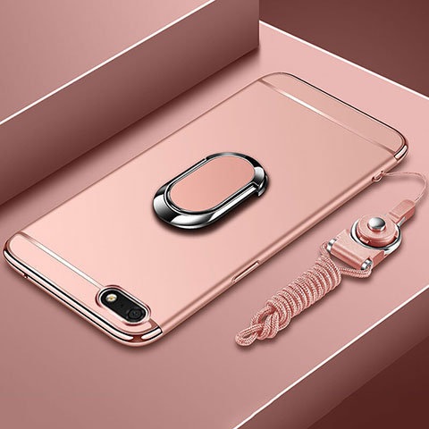 Handyhülle Hülle Luxus Metall Rahmen und Kunststoff Schutzhülle Tasche mit Fingerring Ständer und Lanyard für Huawei Honor 7S Rosegold