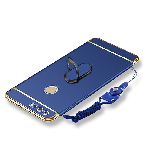 Handyhülle Hülle Luxus Metall Rahmen und Kunststoff Schutzhülle Tasche mit Fingerring Ständer und Lanyard für Huawei Honor 8 Blau