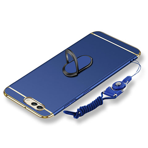 Handyhülle Hülle Luxus Metall Rahmen und Kunststoff Schutzhülle Tasche mit Fingerring Ständer und Lanyard für Huawei Nova 2S Blau