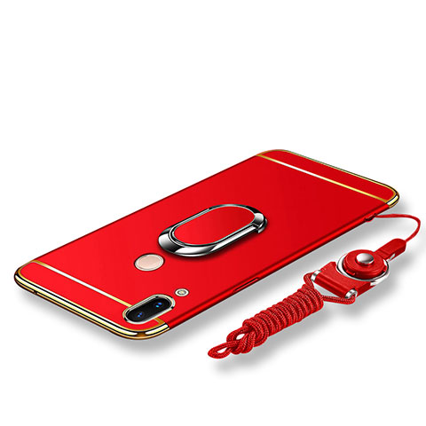 Handyhülle Hülle Luxus Metall Rahmen und Kunststoff Schutzhülle Tasche mit Fingerring Ständer und Lanyard für Huawei P20 Lite Rot